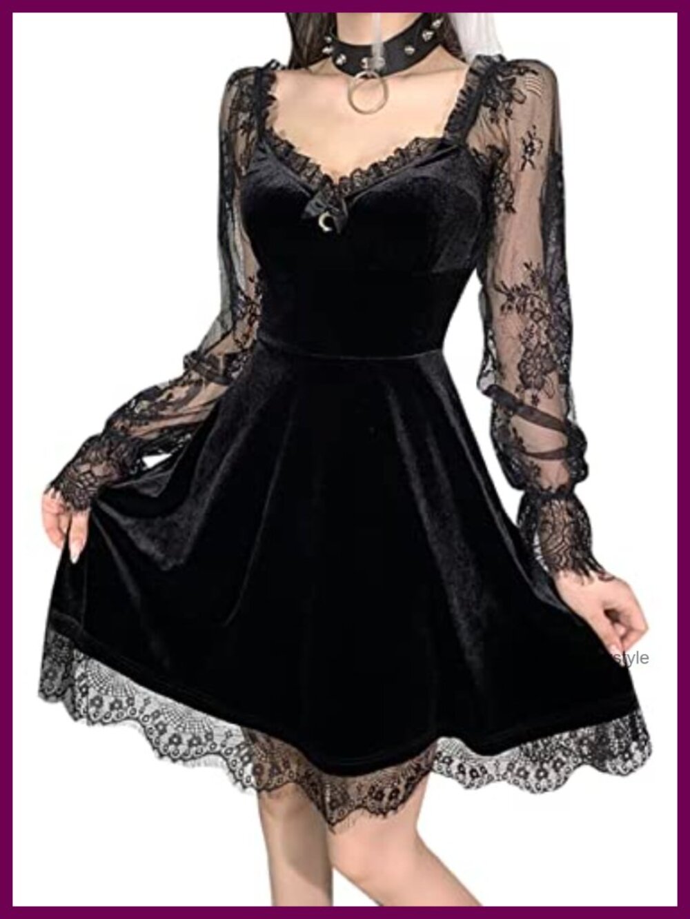 Gothic Velvet Midi Dress Lace Long Sleeve Lolita A-Line